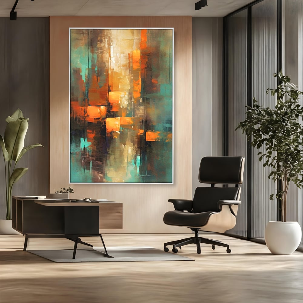 Tablou canvas cu pictura abstracta cu linii verticale, in rama de aluminiu argintiu, pe perete intr-un birou